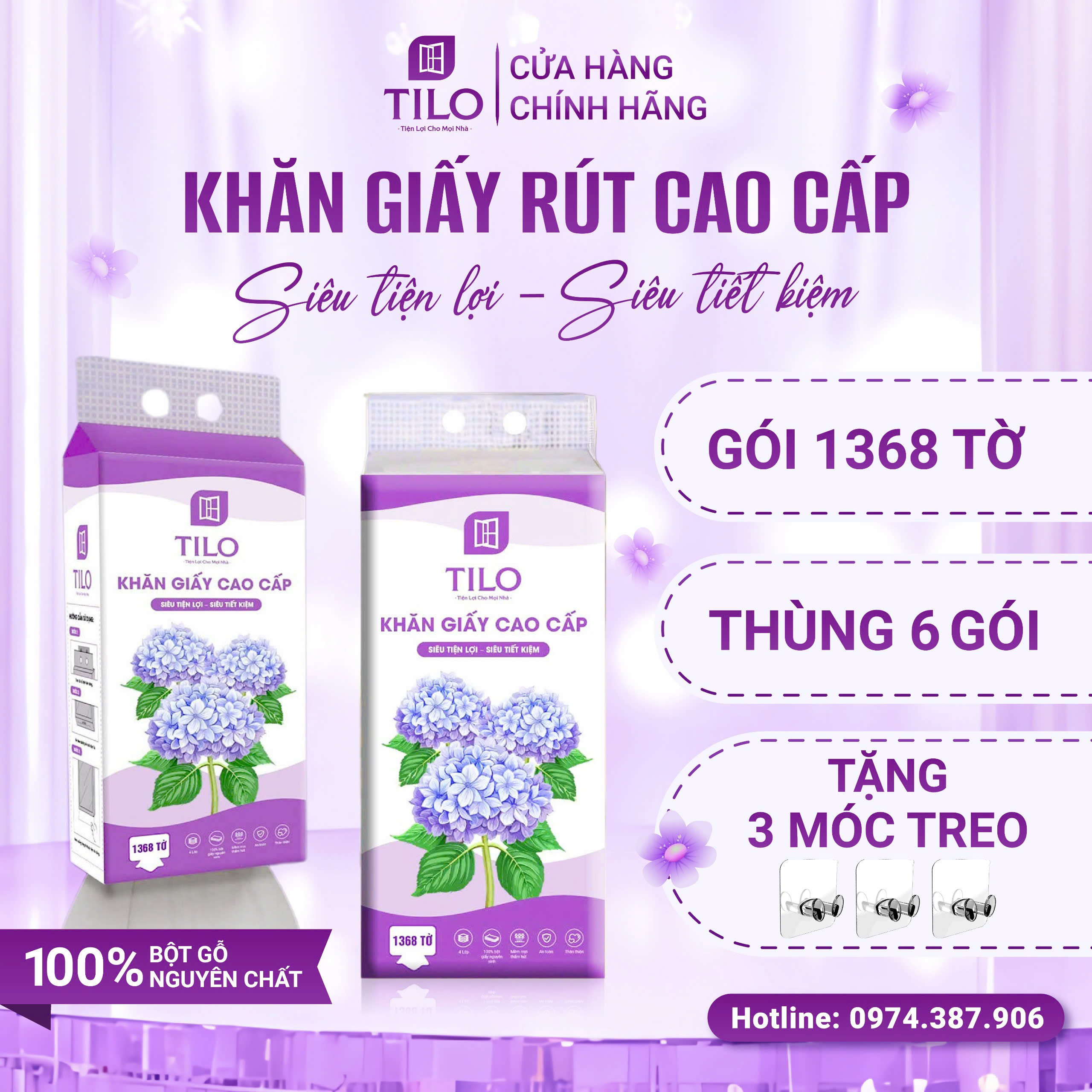 Giấy rút treo tường TiLo với 1368 tờ/túi, 4 lớp dày dặn thấm hút tốt. 100% bột gỗ nguyên chất, không chất tẩy trắng, không chứa huỳnh quang, không bụi giấy, ăn toàn. Giấy dai, mềm mại, mịn màng, tặng kèm 3 móc treo đôi